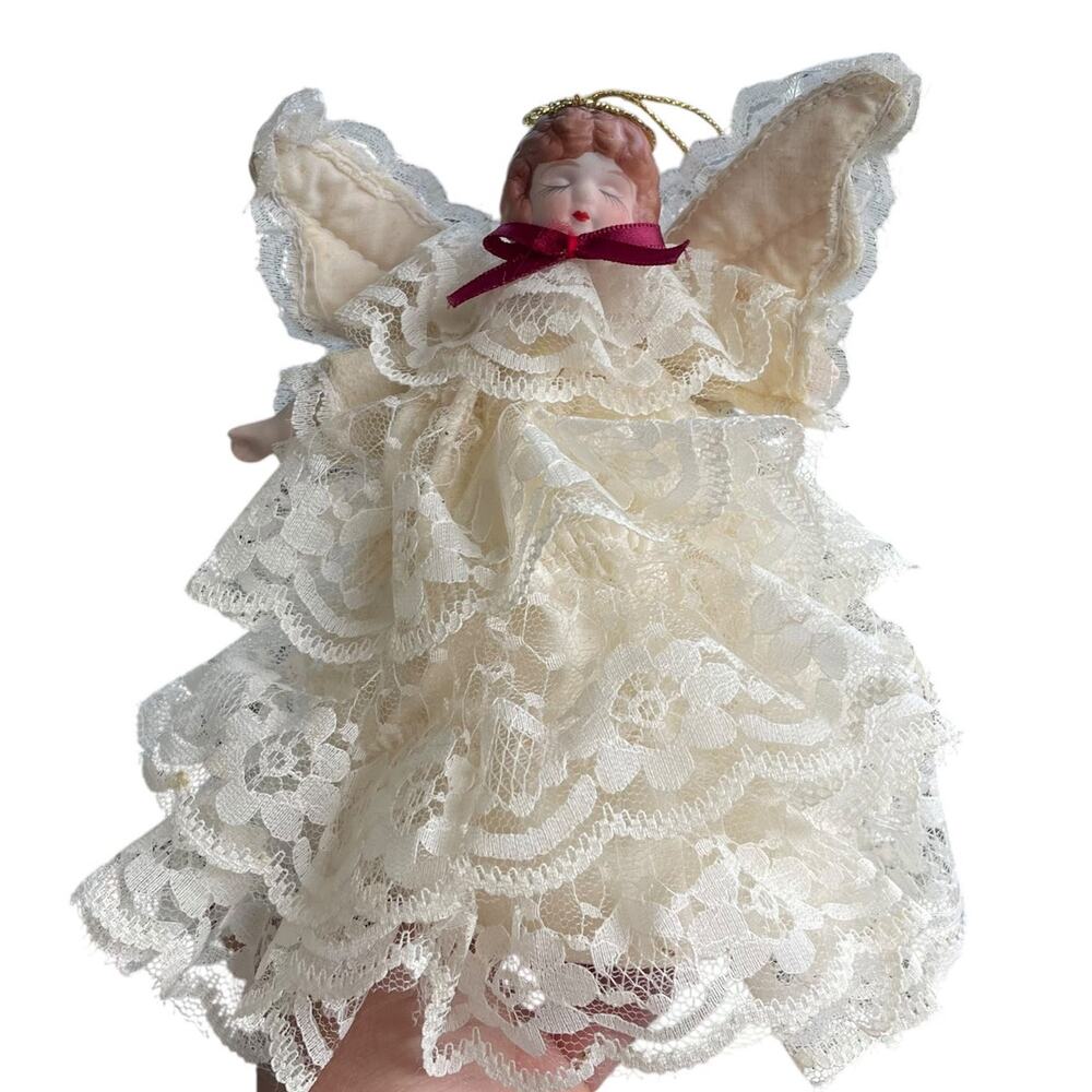Vintage Angel Tree Topper Ornament Lace Gown Porcelain Head & Hands Christmas